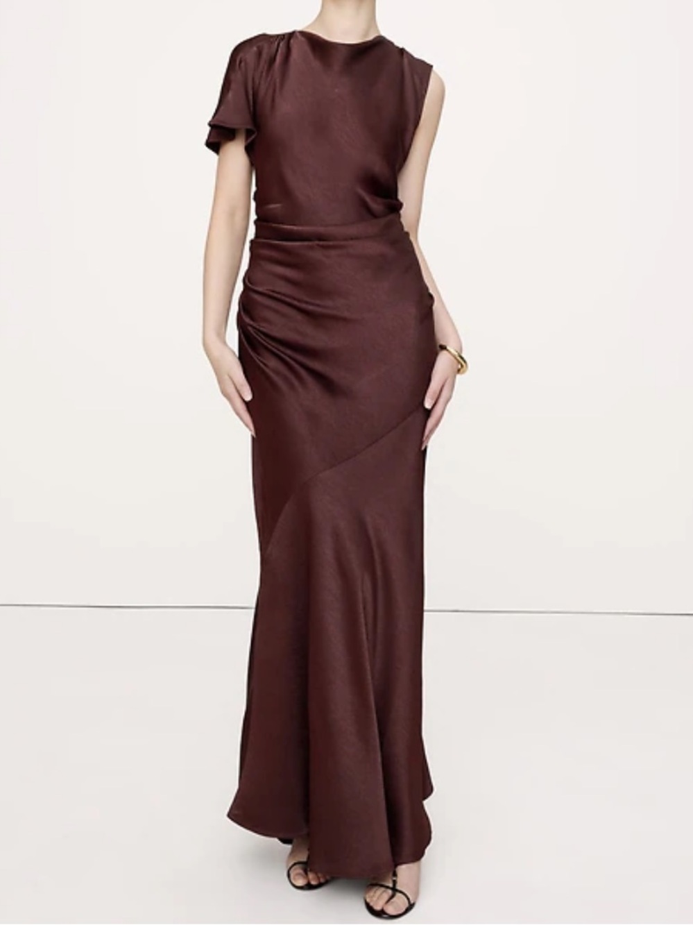 Asymmetrical Hammered Satin Draped Maxi Dress